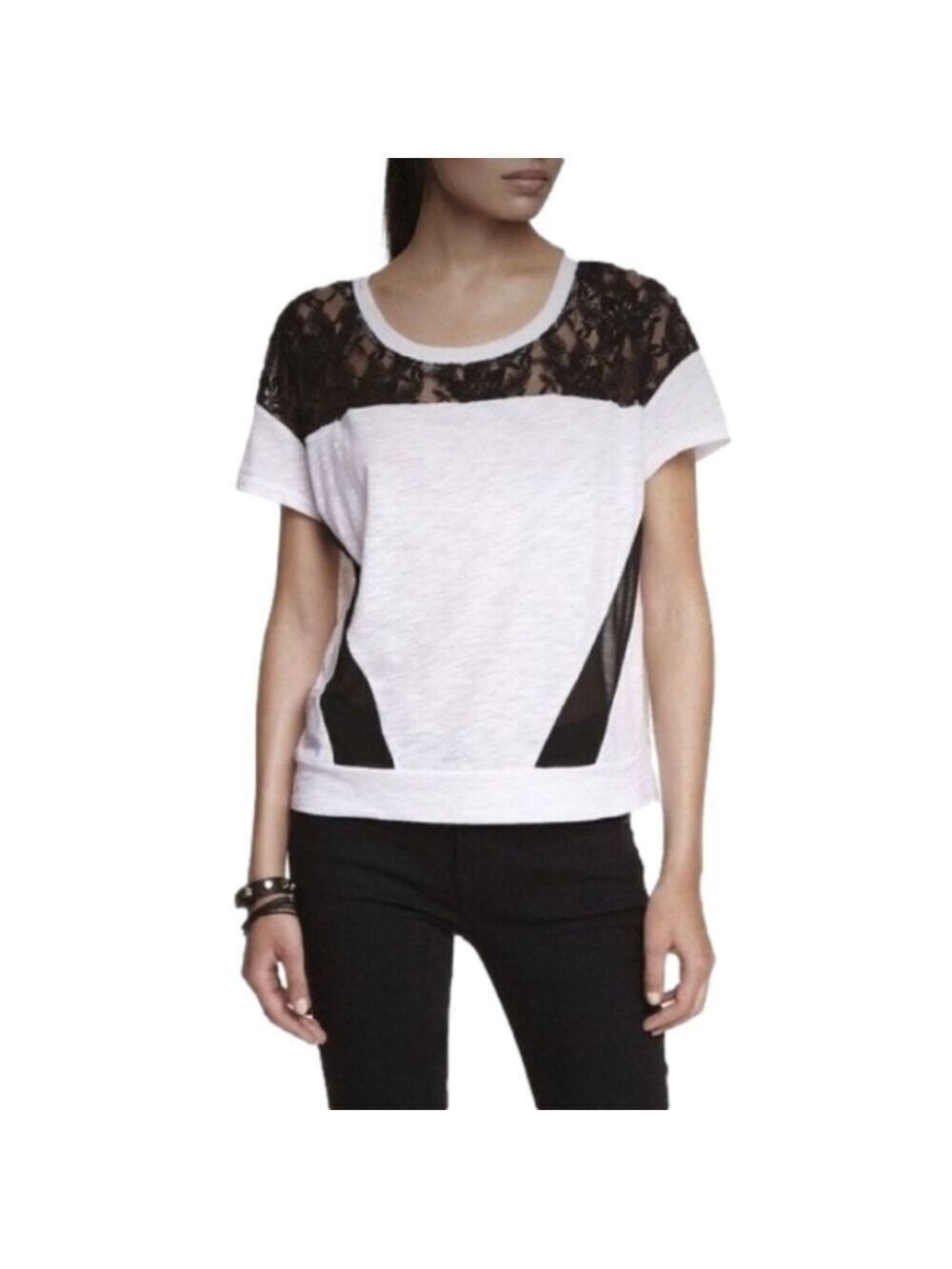 Express White Tee with Black Lace & Illusion Mesh